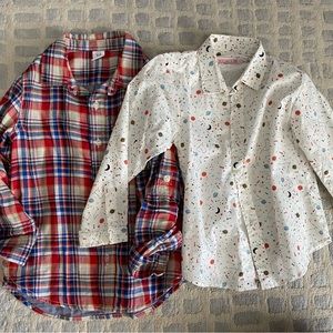Two button down shirts, one space themed, one plaid
